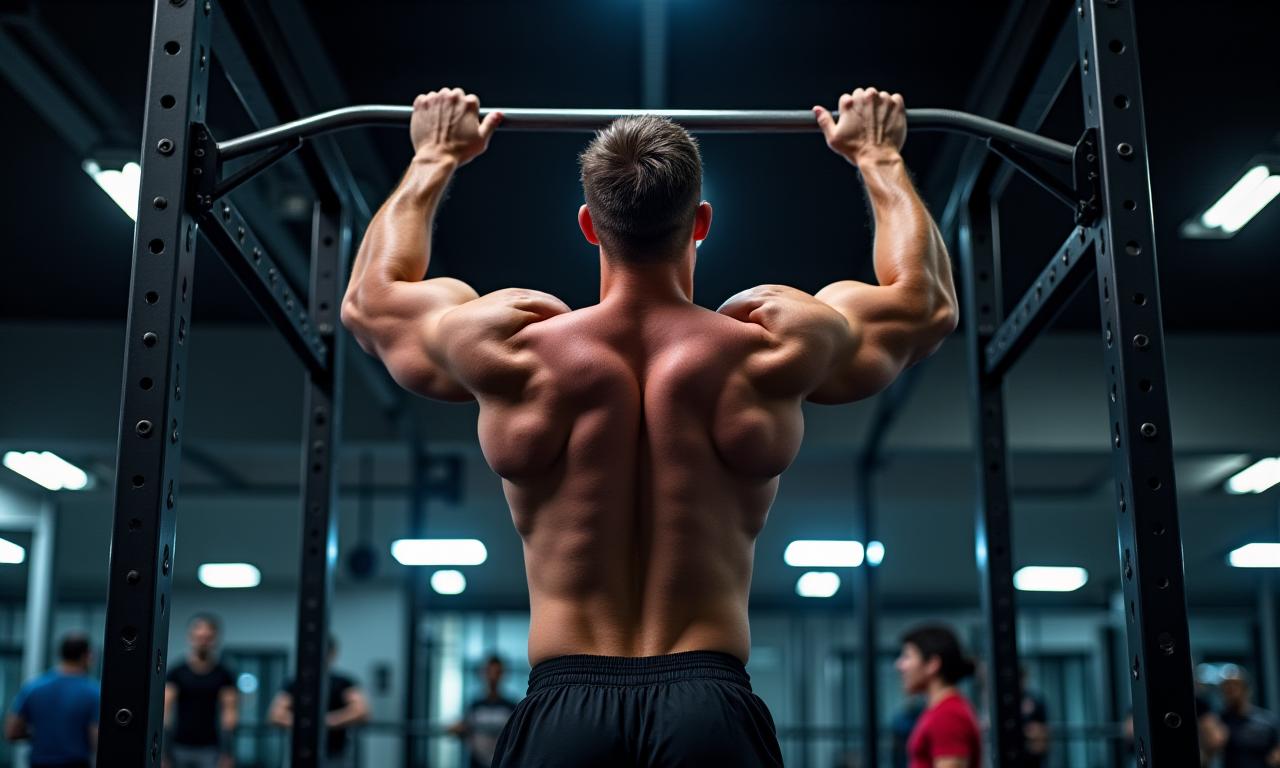 Muskulöser Mann macht Klimmzüge an einer Stange.