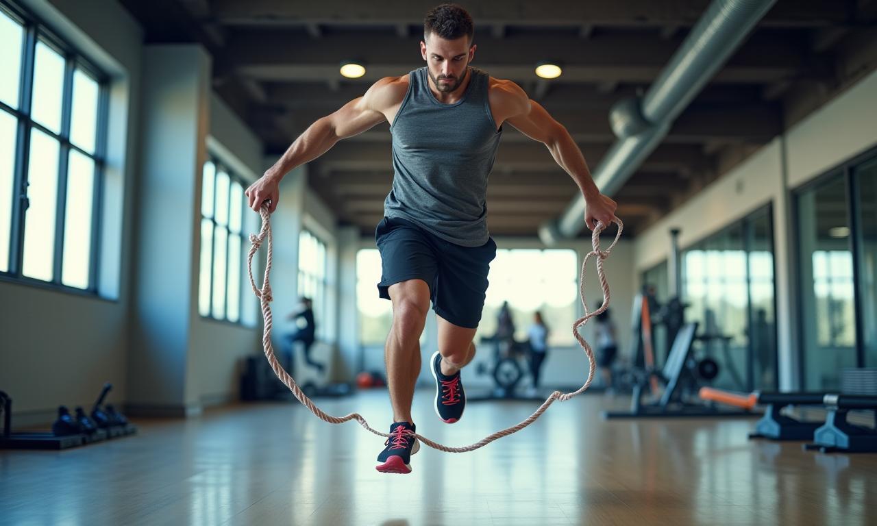 Sportlicher Mann beim Seilspringen in einem grossen Fitnessraum.