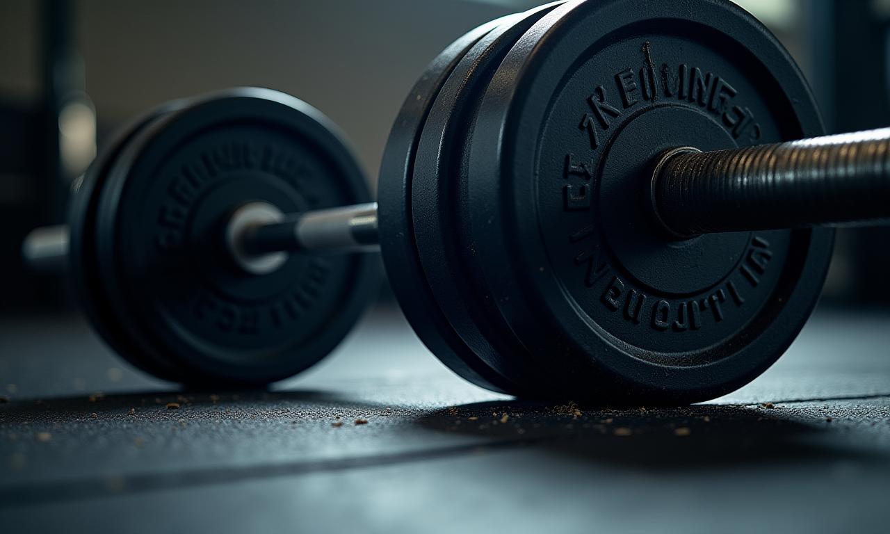 Detailaufnahme einer Langhantel mit Gewichten auf dem Boden.