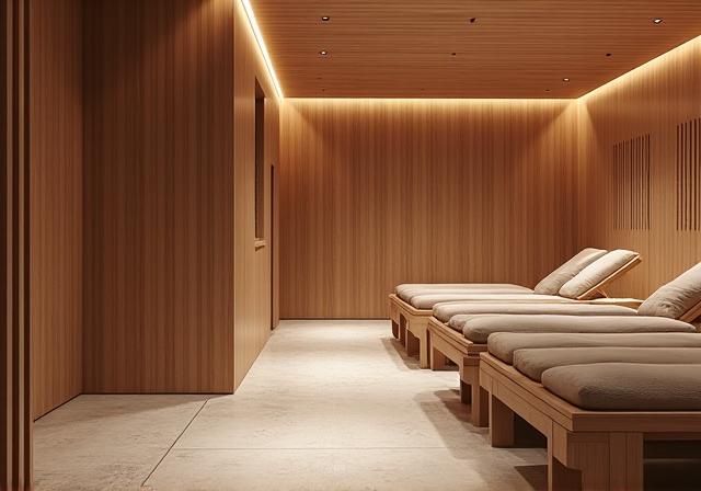 Luxuriöser Wellnessbereich mit modernen Holzsaunen.